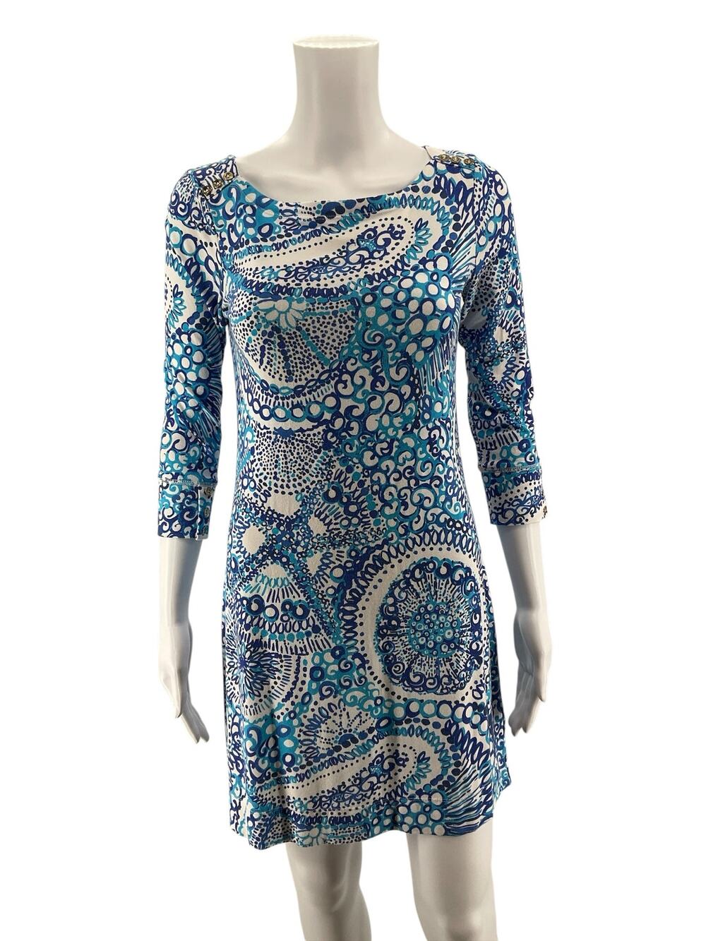 Lilly Pulitzer Sophie Dress Size S Blue White Medallion Print 3/4 Sleeve